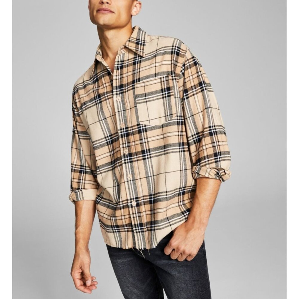 And Now This Mens comfortable fresh Plaid Button Up Shirt Tan Size M NWT